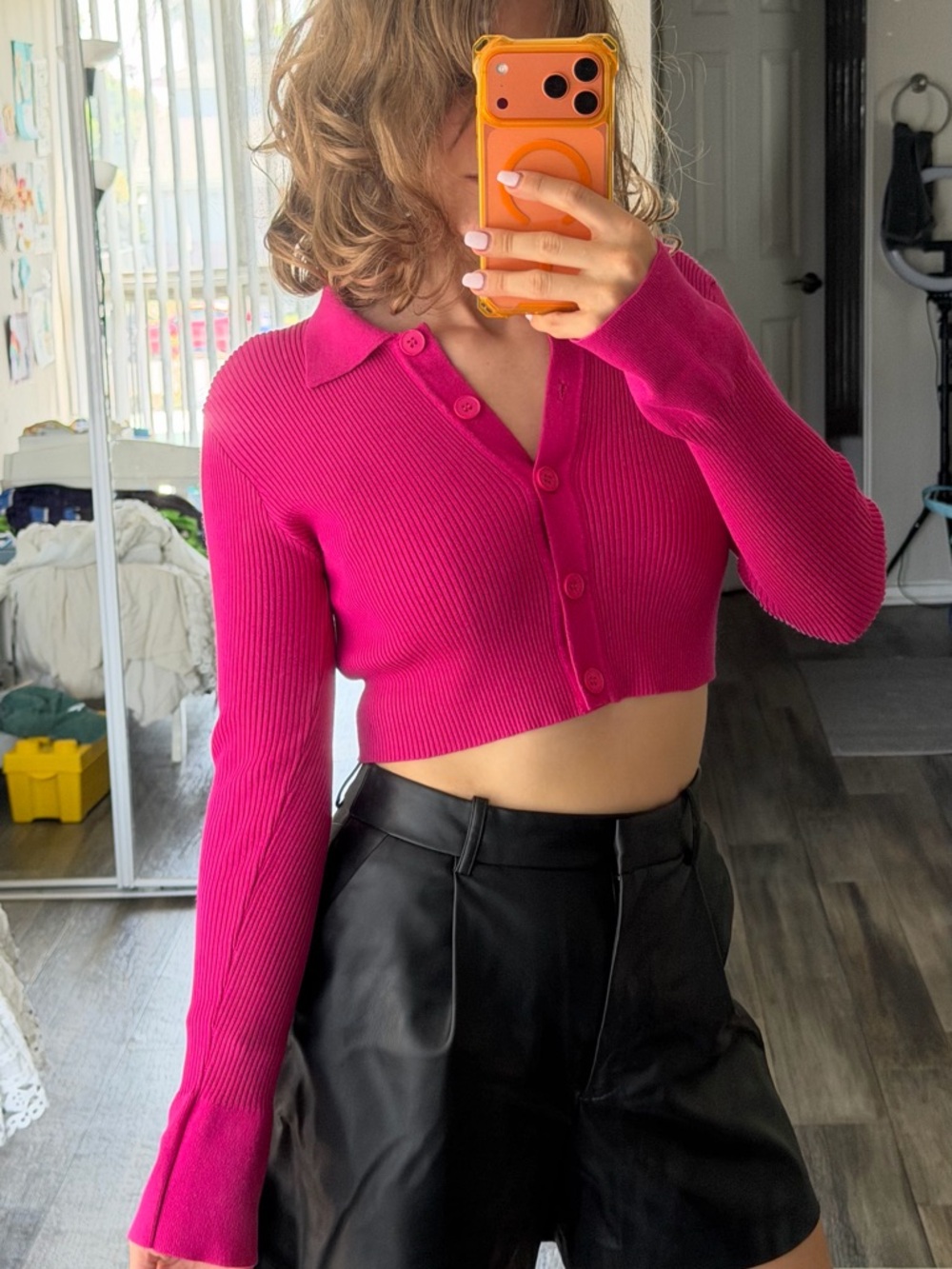 Forever 21 Hot Pink Cropped Ribbed Button-Front Polo